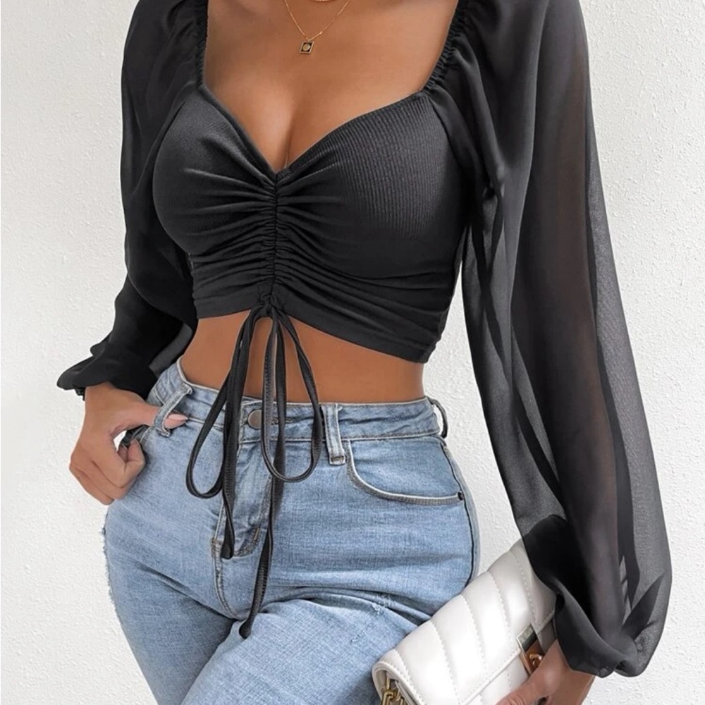 Mesh long sleeve, straw string top
